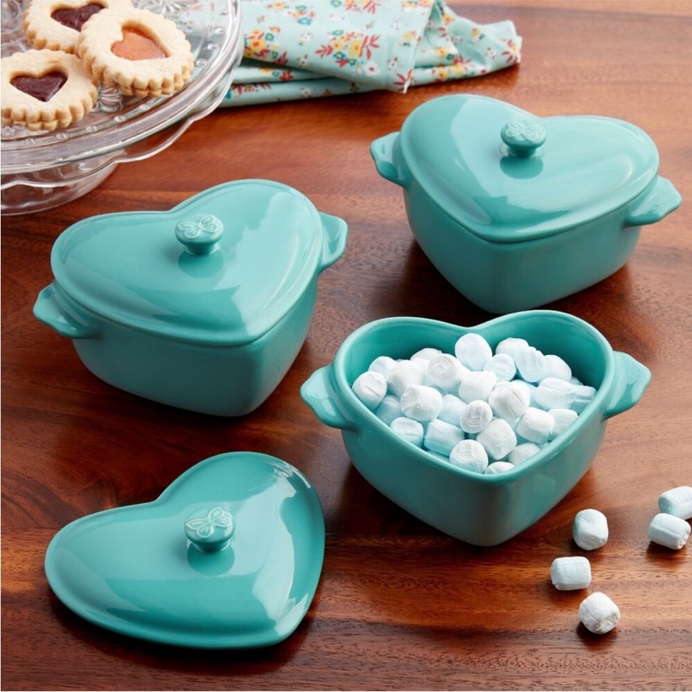Pioneer Woman Mini Heart Baking Dish W Lid Casserole Cocotte Set Ceramic Teal